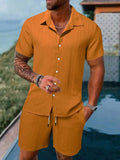 Casual Solid Color Loose Short-sleeved Drawstring Shorts- Men