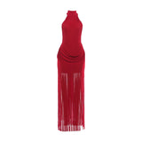 Turtleneck Velvet Ruched Tassel Hem Dress