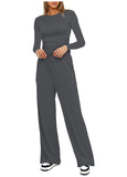 Casual O Neck Long Sleeve & High Waist Wide Leg Pants Sets