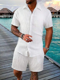 Casual Solid Color Loose Short-sleeved Drawstring Shorts- Men