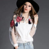 Floral Embroidery Chiffon Transparent Long Sleeve Blouse- PS