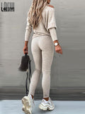 Solid Knitted Sweater Suit Casual Drawstring Skinny Pant Sets