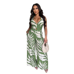 Print Halter Sleeveless Crop Shirt and Wide Leg Pants 2PC