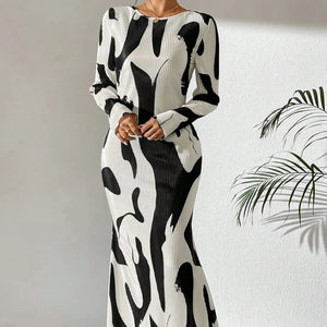 Long Sleeve Crew Neck Open Back Tie Up Maxi Dress