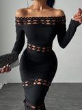 Off Shoulder Cutout Lace Trim Bodycon Dress