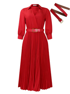 Solid V-Neck 3/4 Sleeves High Waist Umbrella Dress-PS