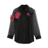 Floral Embroidery Chiffon Transparent Long Sleeve Blouse- PS