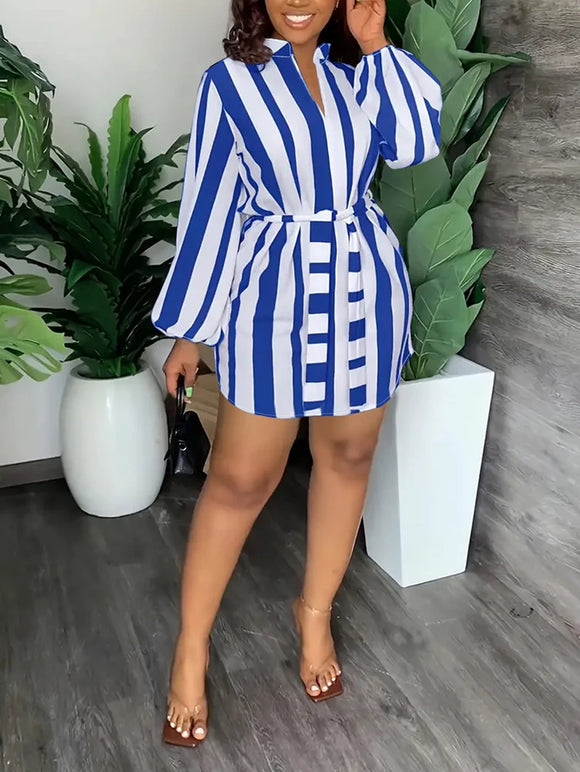 Deep V Neck Striped Long Sleeve T-Shirt Dress- PS