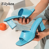 PU Leather Square Slide In Low Heel Sandals