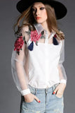 Floral Embroidery Chiffon Transparent Long Sleeve Blouse- PS