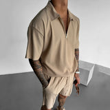 Zipper Polo Style Short-sleeved Drawstring Shorts - Men