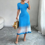 Stretchy Ribbed Knit Maxi Dress Sheer Mesh Hem