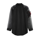 Floral Embroidery Chiffon Transparent Long Sleeve Blouse- PS