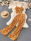 2pc Floral Print Sleeveless Top & Wide Leg Pants