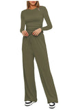 Casual O Neck Long Sleeve & High Waist Wide Leg Pants Sets