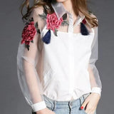 Floral Embroidery Chiffon Transparent Long Sleeve Blouse- PS