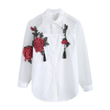 Floral Embroidery Chiffon Transparent Long Sleeve Blouse- PS
