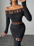 Off Shoulder Cutout Lace Trim Bodycon Dress