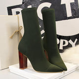 Women 10cm High Heels Silk Sock Boots Green Square Block Heels Ankle Boots Lady Spring Autumn Pointed Toe Satin Sexy Party Shoes
