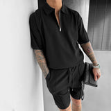 Zipper Polo Style Short-sleeved Drawstring Shorts - Men