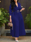 Solid V-Neck 3/4 Sleeves High Waist Umbrella Dress-PS
