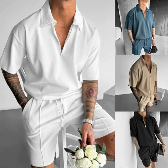 Zipper Polo Style Short-sleeved Drawstring Shorts - Men