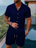Casual Solid Color Loose Short-sleeved Drawstring Shorts- Men