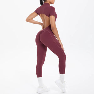 Short Sleeved One-Piece Suit Half Zipper Gym Yoga Set