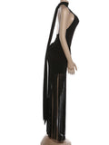 Turtleneck Velvet Ruched Tassel Hem Dress