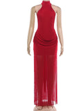 Turtleneck Velvet Ruched Tassel Hem Dress