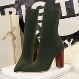 Women 10cm High Heels Silk Sock Boots Green Square Block Heels Ankle Boots Lady Spring Autumn Pointed Toe Satin Sexy Party Shoes
