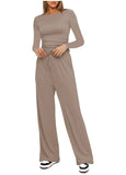 Casual O Neck Long Sleeve & High Waist Wide Leg Pants Sets