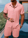 Casual Solid Color Loose Short-sleeved Drawstring Shorts- Men