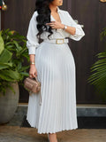 Solid V-Neck 3/4 Sleeves High Waist Umbrella Dress-PS