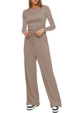 Casual O Neck Long Sleeve & High Waist Wide Leg Pants Sets
