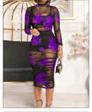 Printed Mesh Gauze Mid Length 3pc Dress