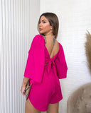 Backless Lace Up V Neck Flare Sleeve Shirt Tops + Loose Shorts 2pc Set