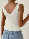 Front Drawstring Ribbed Knit V Neck Sleeveless Top