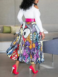 Long Sleeve Cartoon Mixed Print Pleated Cut Out Dress-PS