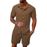 Casual Solid Color Loose Short-sleeved Drawstring Shorts- Men
