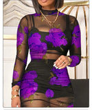 Printed Mesh Gauze Mid Length 3pc Dress