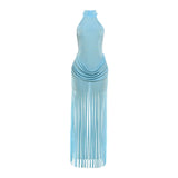 Turtleneck Velvet Ruched Tassel Hem Dress
