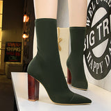 Women 10cm High Heels Silk Sock Boots Green Square Block Heels Ankle Boots Lady Spring Autumn Pointed Toe Satin Sexy Party Shoes