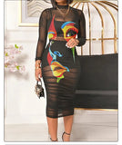 Printed Mesh Gauze Mid Length 3pc Dress