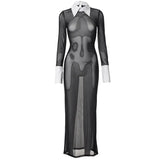 Polo Neck Long Sleeve Splice Sheer Slim Dress