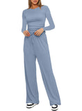 Casual O Neck Long Sleeve & High Waist Wide Leg Pants Sets