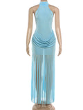 Turtleneck Velvet Ruched Tassel Hem Dress