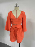 Backless Lace Up V Neck Flare Sleeve Shirt Tops + Loose Shorts 2pc Set