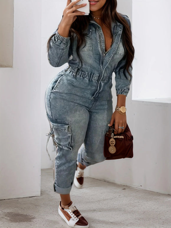 Denim Washed Long Sleeved Jumpsuit-PS