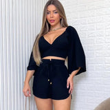 Backless Lace Up V Neck Flare Sleeve Shirt Tops + Loose Shorts 2pc Set